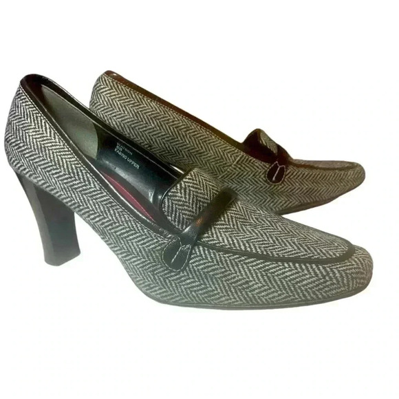 Carlos Falchi Vintage “Watson” Attractive Black & White Herringbone Tweed Heels - Picture 1 of 11